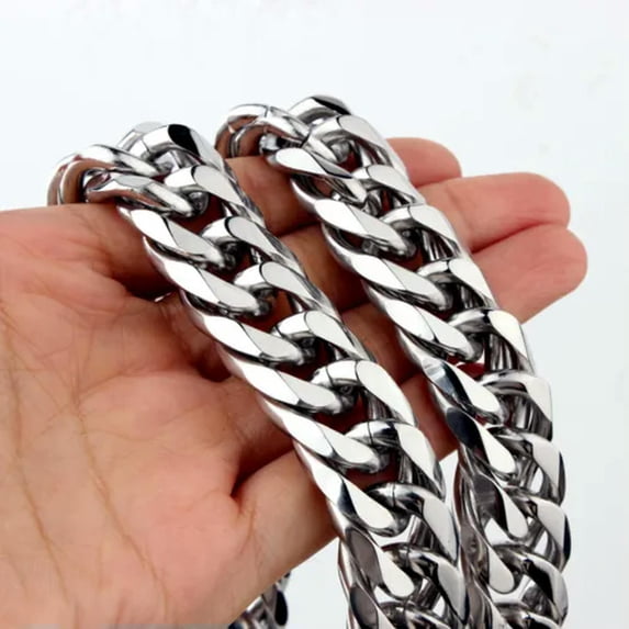 QQTDFG HEAVY 20mm Silver Cut Curb Cuban Link Chain 316L Stainless Steel Men's Necklace-Silver-20mm-9.5 inch
