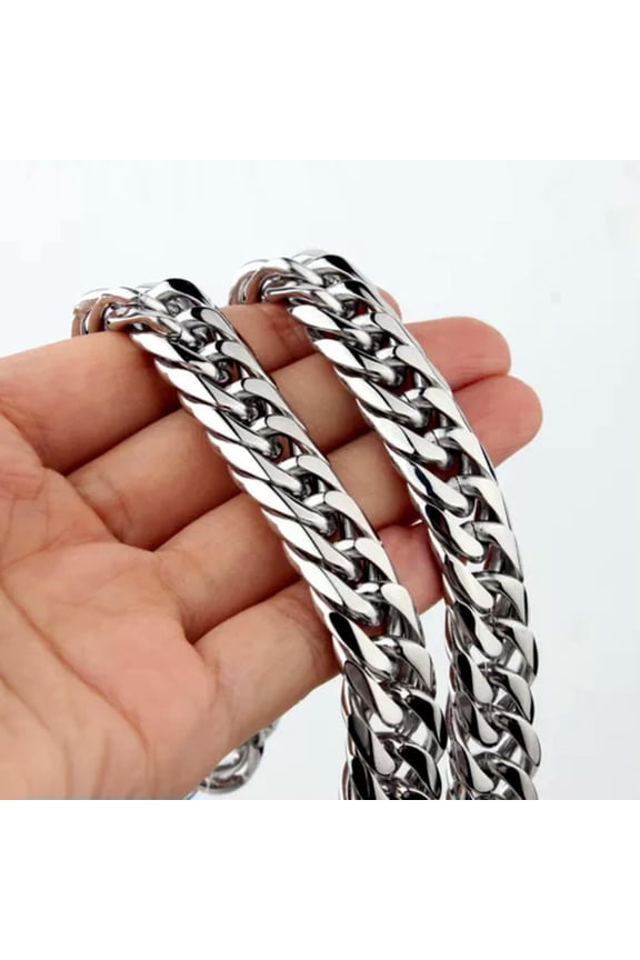 HEAVY 20mm Silver Cut Curb Cuban Link Chain 316L Stainless Steel Men's Necklace-Silver-9mm-7 inch