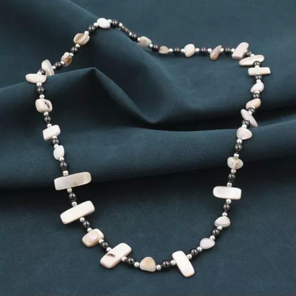 QQTDFG Handmade Natural Shell Hematite Magnet Therapy Irregular Beads Necklace 23.6"-Beige