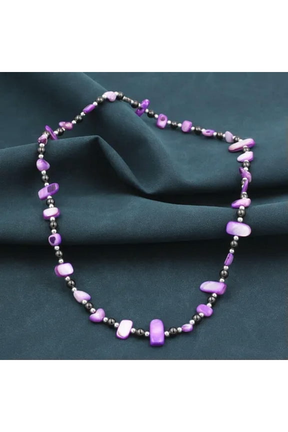 Handmade Natural Shell Hematite Magnet Therapy Irregular Beads Necklace 23.6"-Blue