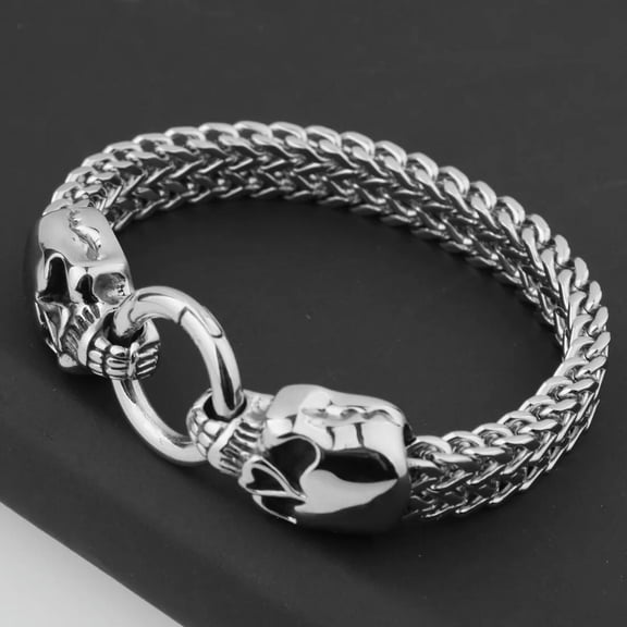 QQTDFG Heavy Skull Skeleton Head Stainless Steel Chain Bracelet for Cool Men 9"-default