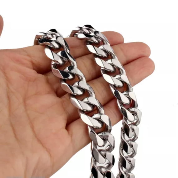 QQTDFG High Quality 7-40" Silver 316L Stainless Steel Men's Cuban Curb Chain Necklace-Silver-15mm-10 inch