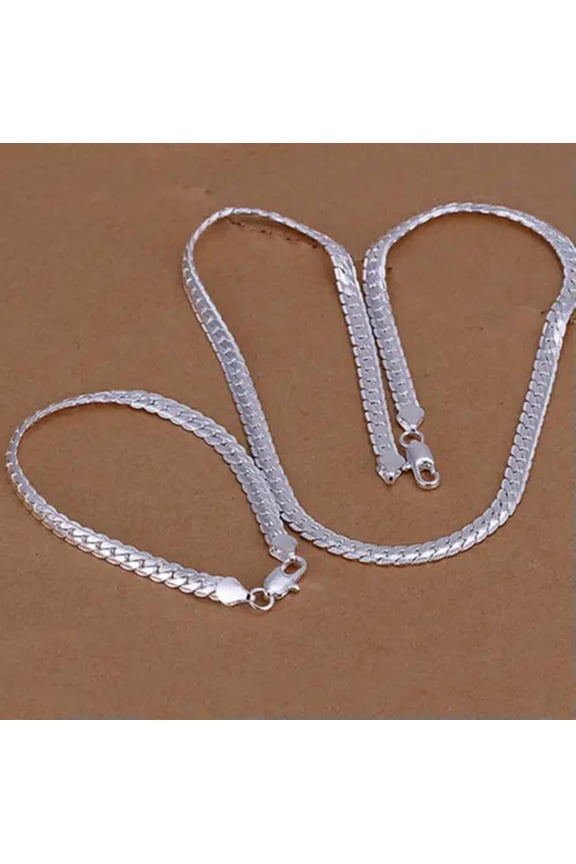 Hot 925 Sterling Solid Silver 5mm Women Men Chain Jewelry Necklace Bracelet Set-Bracelet+Necklace 18inch