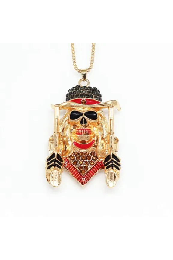 Hot Double Gun Pirate Rudder Cowboy Skull Pendant Chain Crystal Gothic Necklace -Black & Red