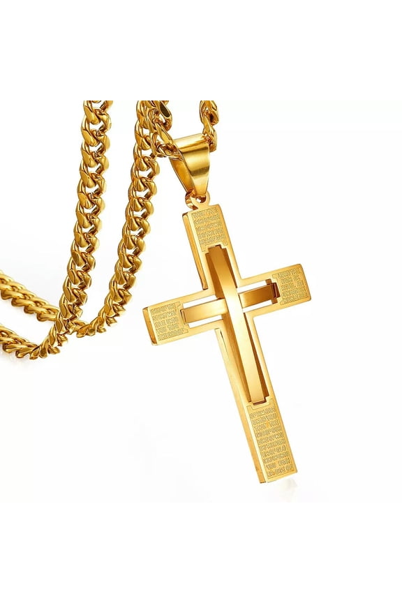 Hot Gold Tone Men Cross Pendant Necklace Stainless Steel Crucifix Curb Chain 24"-default