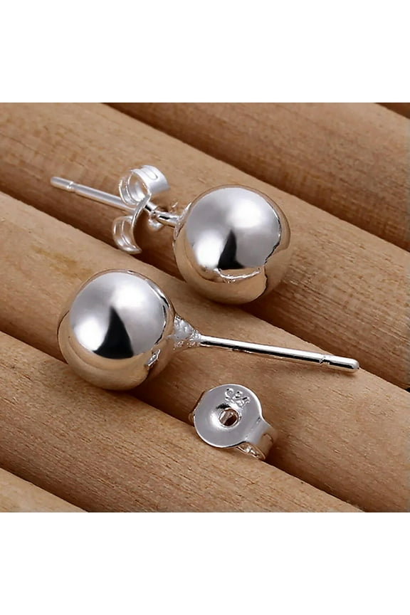Hot New 925 Sterling Solid Silver Jewelry 8mm Ball Stud Earrings For Women WE73-default