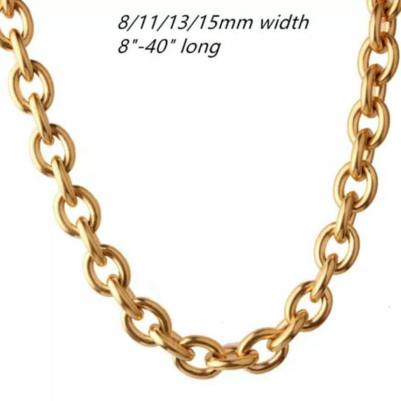 QQTDFG Huge 8/11/13/15mm Stainless Steel Rolo Oval Link Mens Chain Necklace or Bracelet-Gold Tone-15mm-40inch or 96cm