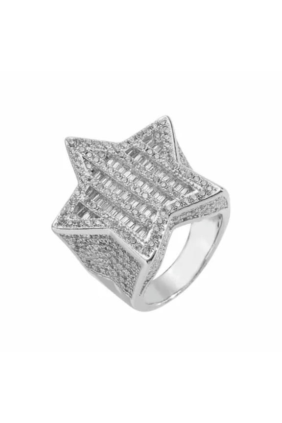 Iced Flooded Star Ring Brass Men Women Hip Hop Pinkie Jewelry A9298-14K White Gold Plated-9
