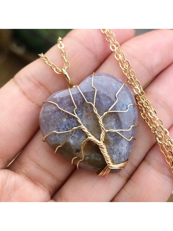 Indian Agate Gem Tree Of Life Necklace Chakra Reiki Healing Amulet-default