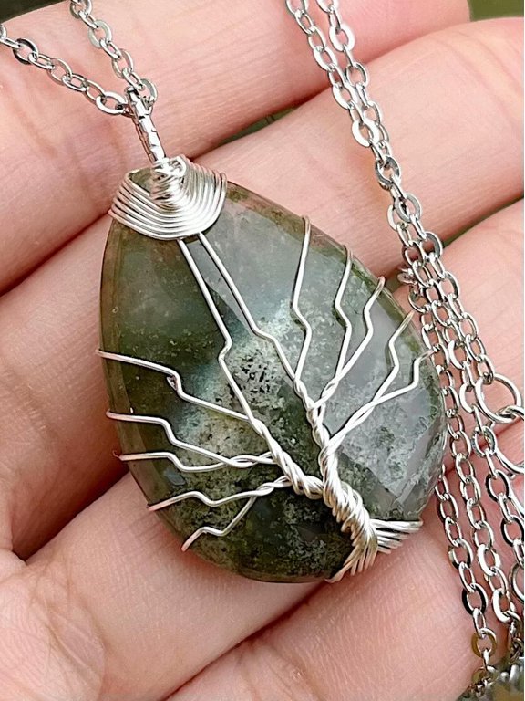 Indian Agate Gems Tree Of Life Necklace Water-drop Chakra Reiki Healing Amulet-default