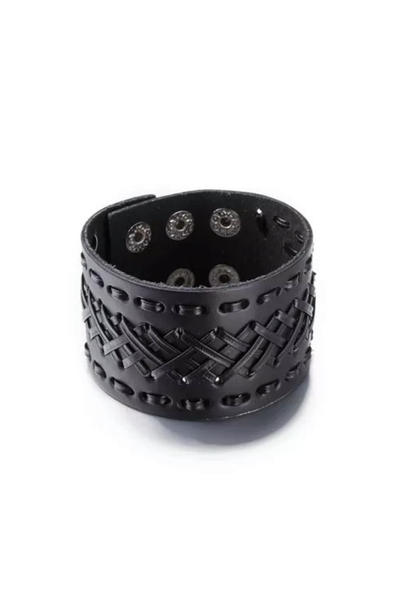 Leather Bracelet Black Brown 9 Inches 42MM Push button L448-Black