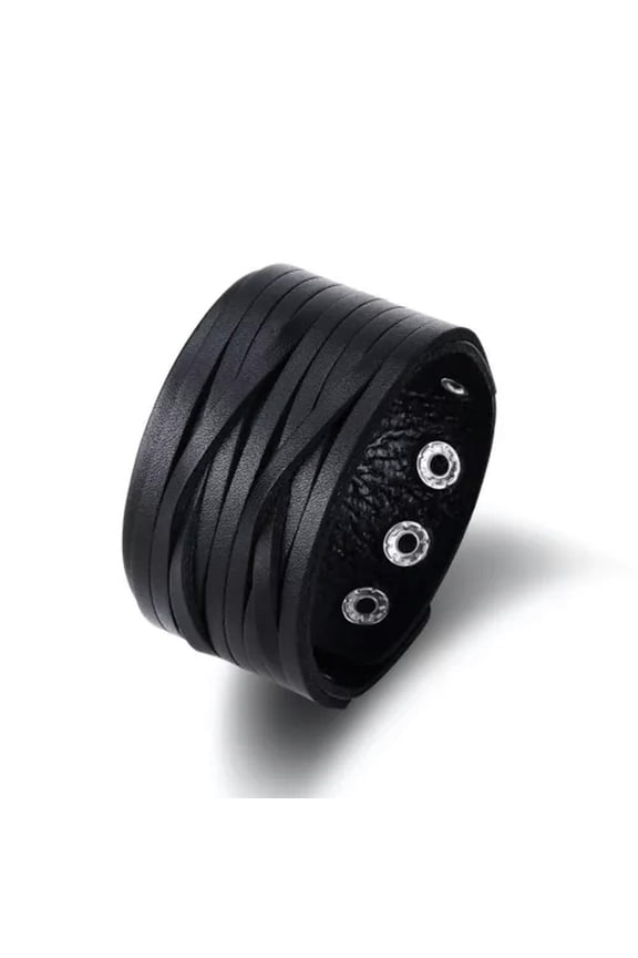 Leather Bracelet Handmade Black Brown 9 Inches 41MM Button Clasp L526-Black