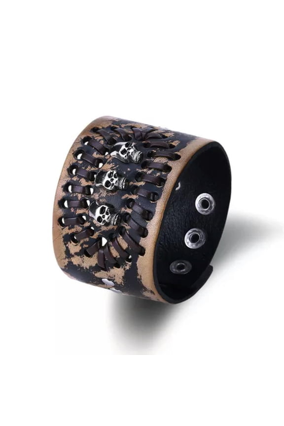 Leather Bracelet Handmade Black Brown 9 Inches 47MM Button Clasp L508-Brown