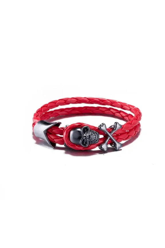 Leather Bracelet Inch Skull 8 Inches 8MM hook Clasp L439-Red