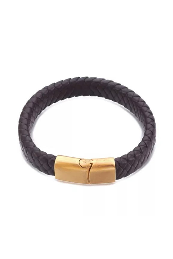 Leather Cord Bracelet Stainless Steel Magnetic Black Red Brown 7.8" Z47-Brown