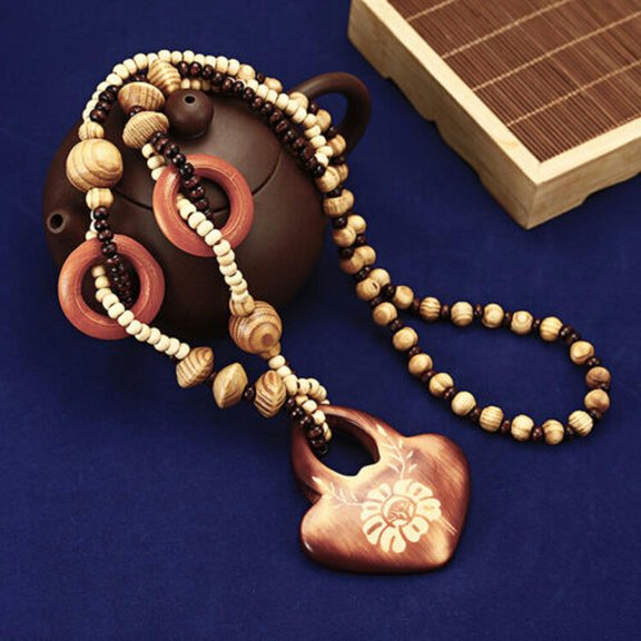 QQTDFG Long Sweater Vintage Wooden Beaded Pendant Necklace Chain Boho Carved Jewelry-#19