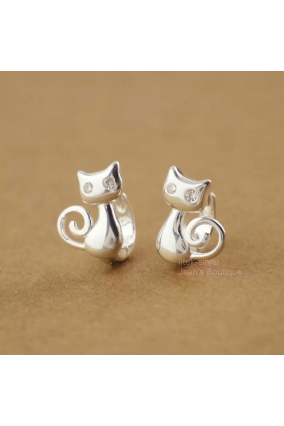 Lovely Cat 925 Sterling Silver Small Huggie Hoop Earrings A1435-default