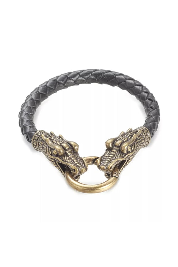 MENS Braided Leather Cord Bracelets Dragon Head Antique Bronze 9" 7mm P539-default