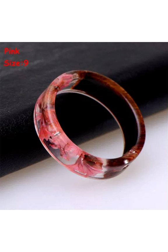 Magnificent Handmade Landscape Fantasy Jewelry Wooden Ring Flower Grass Resin-pink-7