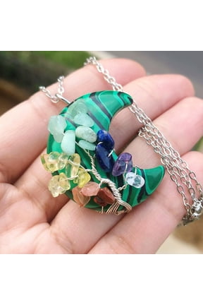 Malachite Gem Stone Tree Of Life Moon Necklace Chakra Reiki Healing Amulet-default