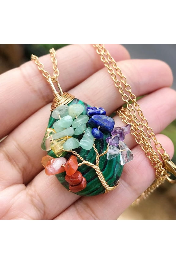 Malachite Gem Stone Tree Of Life Water-Drop Necklace Chakra Healing Amulet Gift-default