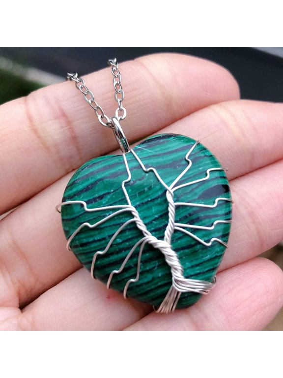 Malachite Gem stone Tree of life Necklace Heart Chakra Reiki Healing Amulet-default