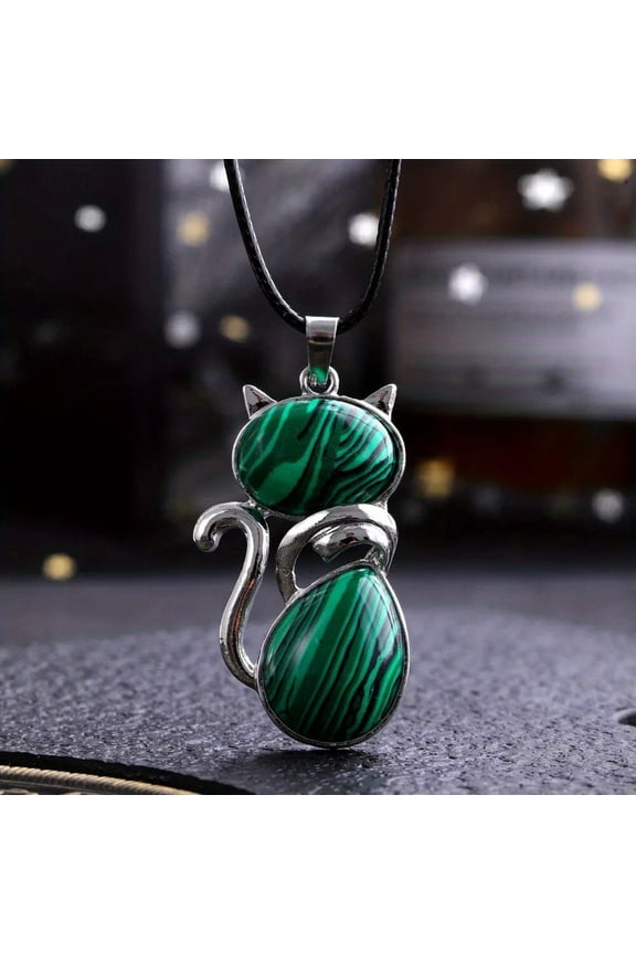 Malachite Gems Cat Crystal Necklace Magic Reiki Healing Amulet-default