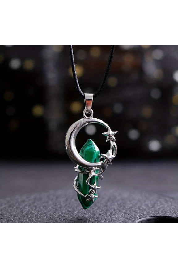 Malachite Gems Moon Star Crystal Necklace Magic Reiki Healing Amulet-default