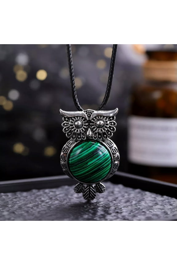 Malachite Gems Owl Crystal Necklace Magic Reiki Healing Amulet-default