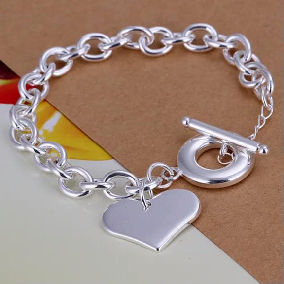 QQTDFG Many Types 925Sterling Silver Women's Fashion Accessories Chains Bracelet 8" -Flat Heart T-O Clasp Bracelet-...