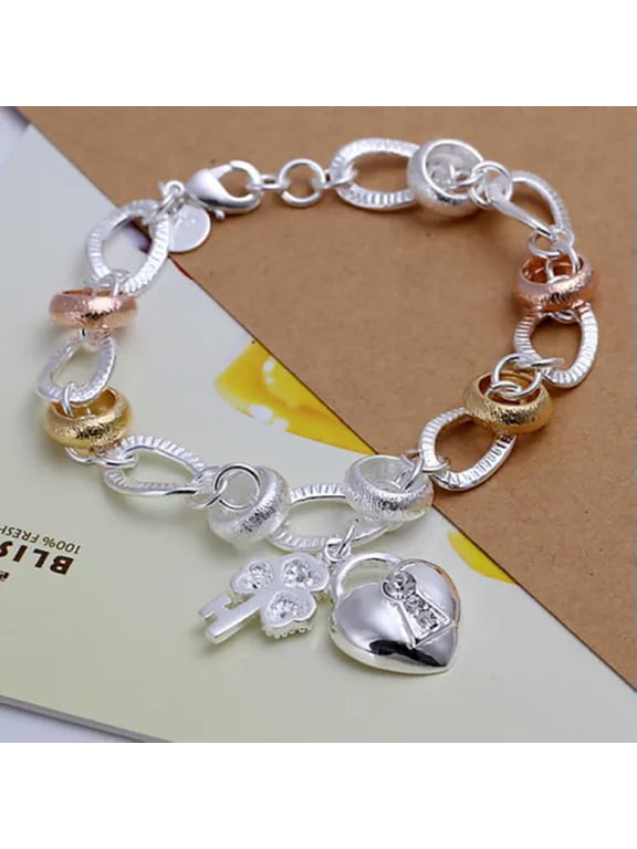 Many Types 925Sterling Silver Women's Fashion Accessories Chains Bracelet 8" -Flower Key Heart Lock Bracelet..._a