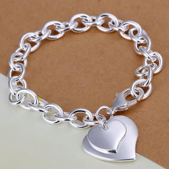 QQTDFG Many Types 925Sterling Silver Women's Fashion Accessories Chains Bracelet 8" -Two Heart Bracelet-H279