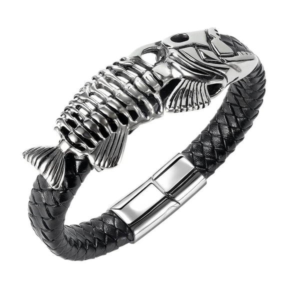 QQTDFG Men Braided Leather Bracelet Cuff Bangle Fish Wristband Stainless Steel Clasp-default