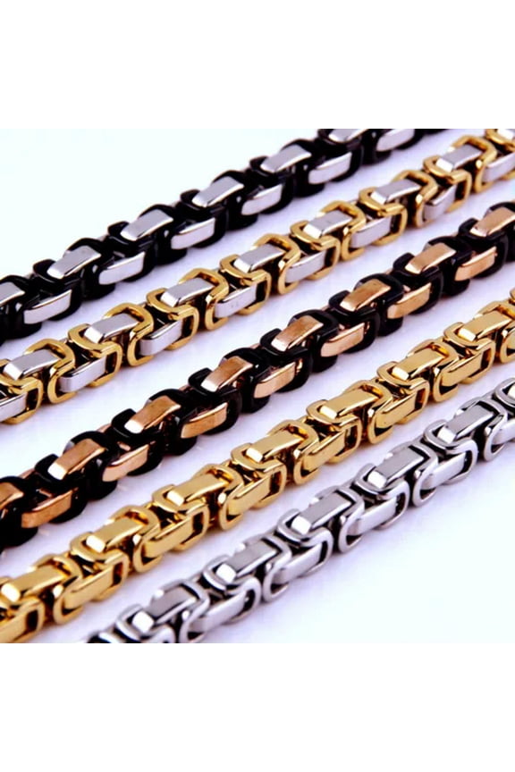 Men Byzantine Box Stainless Steel Chain Necklace Cool Punk Jewelry 5/6/8mm 7-40"-Gold Black-8mm-28 inch Necklace