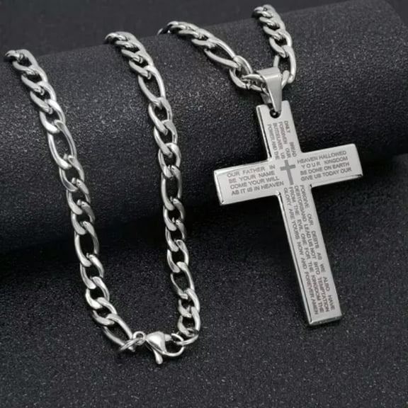 QQTDFG Men Cross Necklace Stainless Steel Lord's Prayer Bible Pendant Chain 30in-Silver-26 in