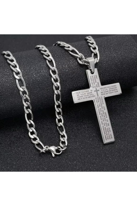 Men Cross Necklace Stainless Steel Lord's Prayer Bible Pendant Chain 30in-Silver-Only Pendant