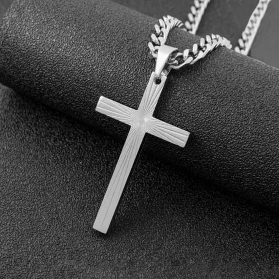 QQTDFG Men Cross Necklace Stainless Steel Silver Rays Pendant Cuban Link Chain Gift-4mm 24in