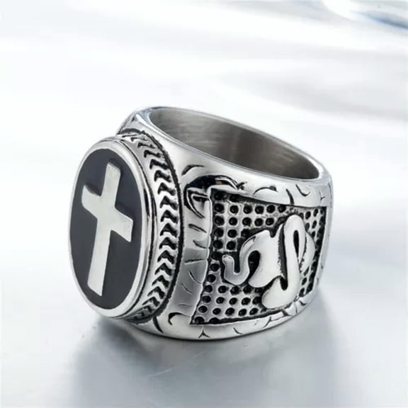 QQTDFG Men Holy Cross Ring Stainless Steel Prayer Hand Christian Band Enamel Gift-Silver-10