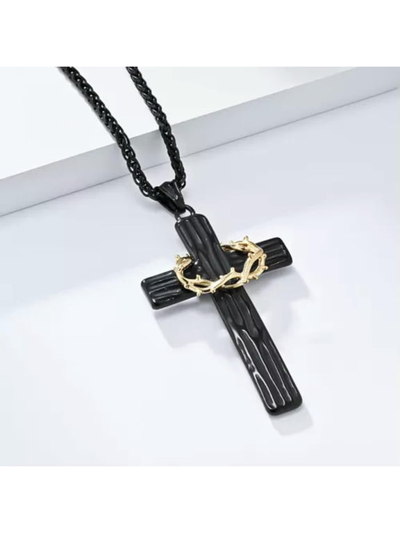 Men Jesus Christ Cross Necklace Stainless Steel Pendant Chain Crown of Thorns-Black