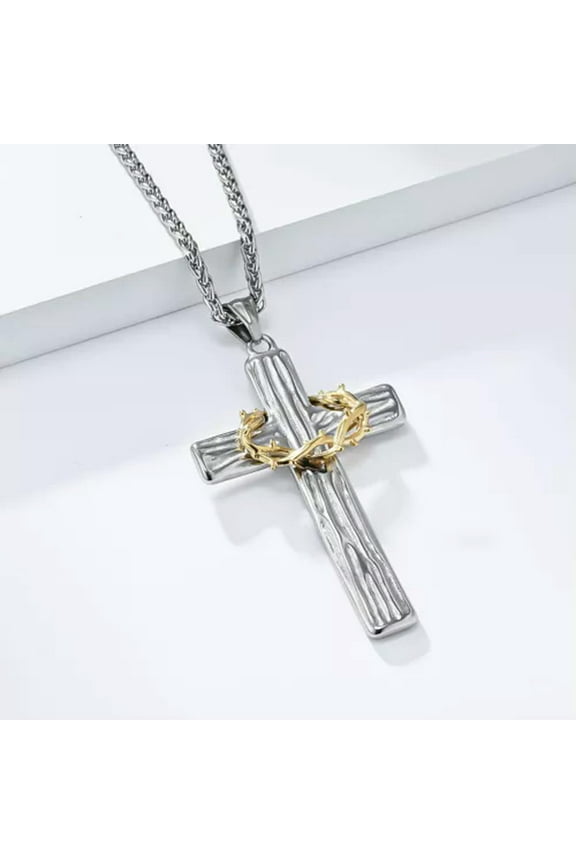 Men Jesus Christ Cross Necklace Stainless Steel Pendant Chain Crown of Thorns-Silver