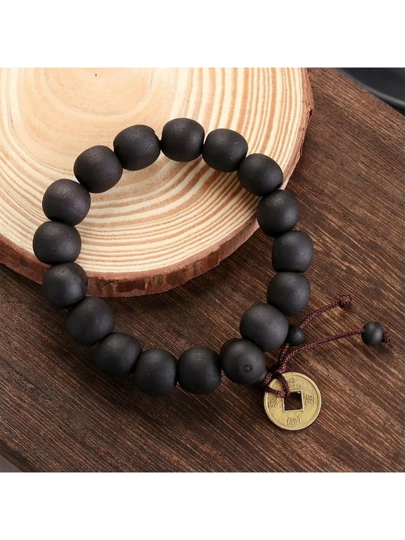 Men Lucky Religion Prayer Beads Buddha Bracelet Copper Coin Wood Bead Bangle-default