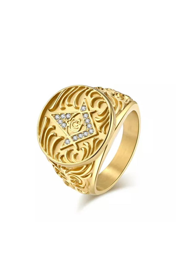 Men Masonic Signet Ring Stainless Steel Ring Classic Freemason Master Mason Band-Gold-10