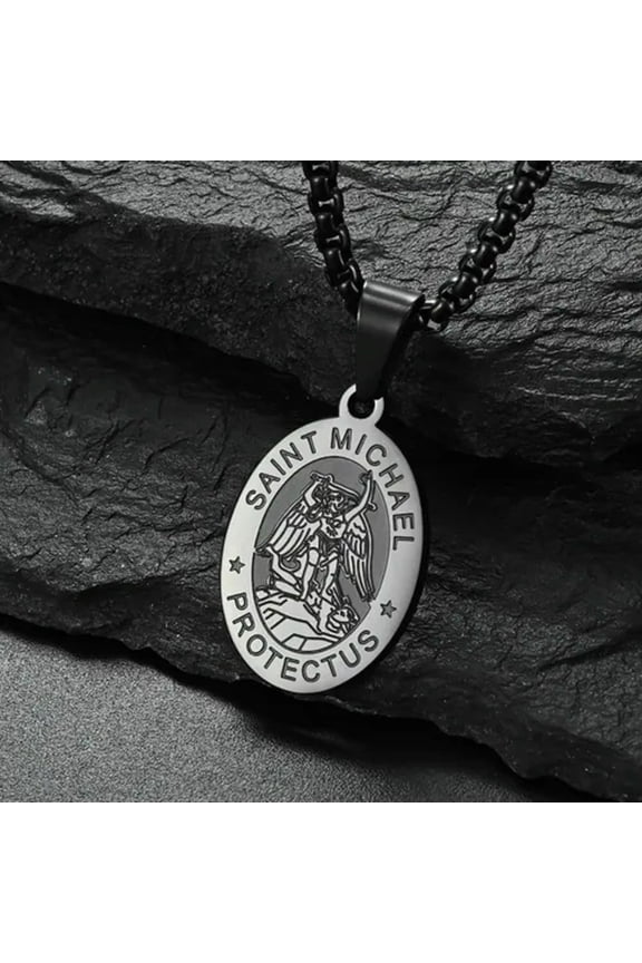 Men Pendant Necklace Vintage Stainless Steel Archangel St Saint Michael Chain-Black