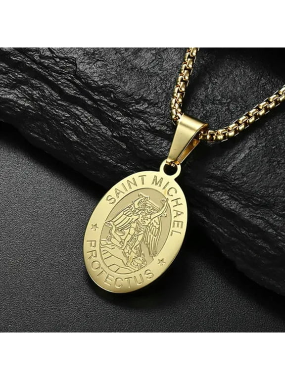 Men Pendant Necklace Vintage Stainless Steel Archangel St Saint Michael Chain-Gold