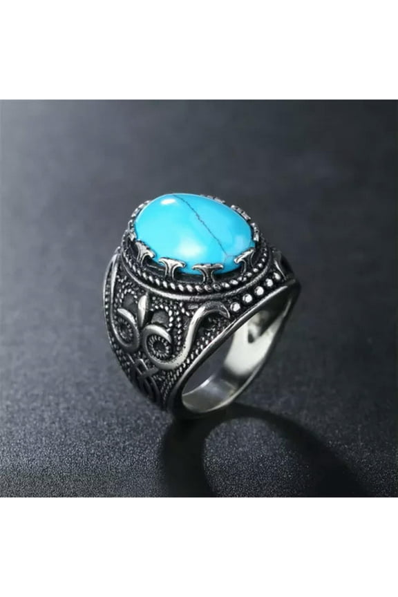 Men Retro Large Tiger Eye Stone Ring Vintage Oval Stainless Steel Gothic Pattern-10-Silver Turquoise
