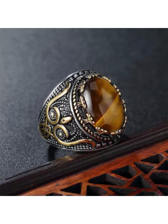 Men Retro Large Tiger Eye Stone Ring Vintage Oval Stainless Steel Gothic Pattern-9-Silver Gold Tiger's Eye