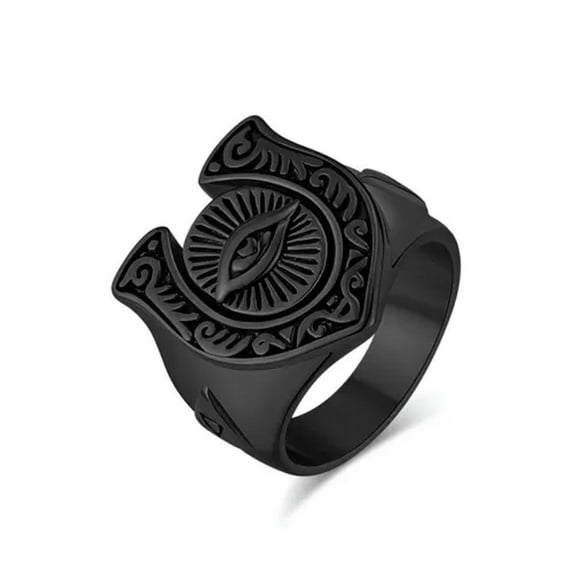 QQTDFG Men Retro Ring Stainless Steel Eye of Ra horus Horseshoe Cocktail Party Biker-Black-11