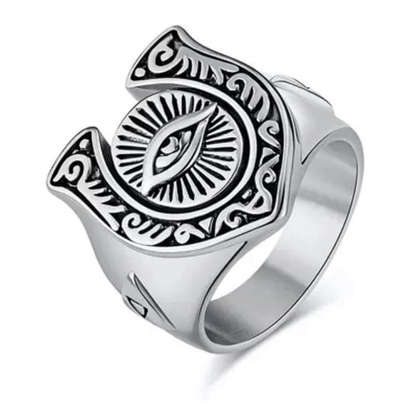 QQTDFG Men Retro Ring Stainless Steel Eye of Ra horus Horseshoe Cocktail Party Biker-Silver-11