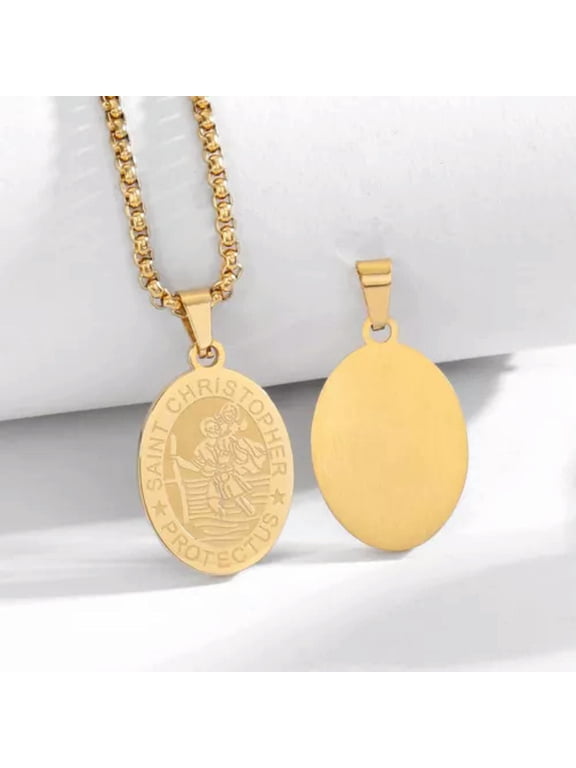 Men Saint St Michael Christopher Medal Necklace Stainless Steel Pendant Chain-Gold Saint Christopher