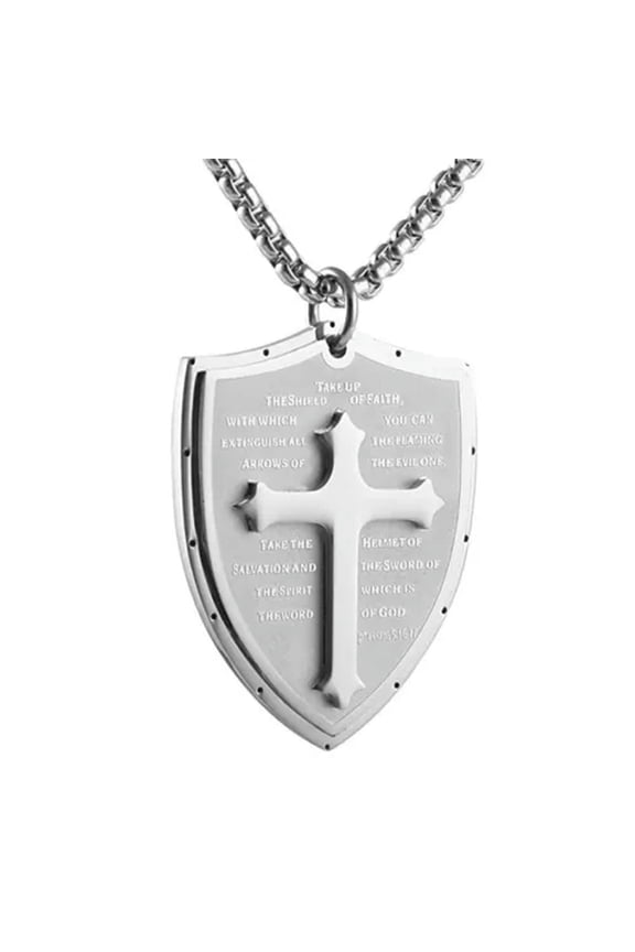 Men Shield Armor of God Ephesians 6:16-17 Cross Stainless Steel Pendant Necklace-Silver